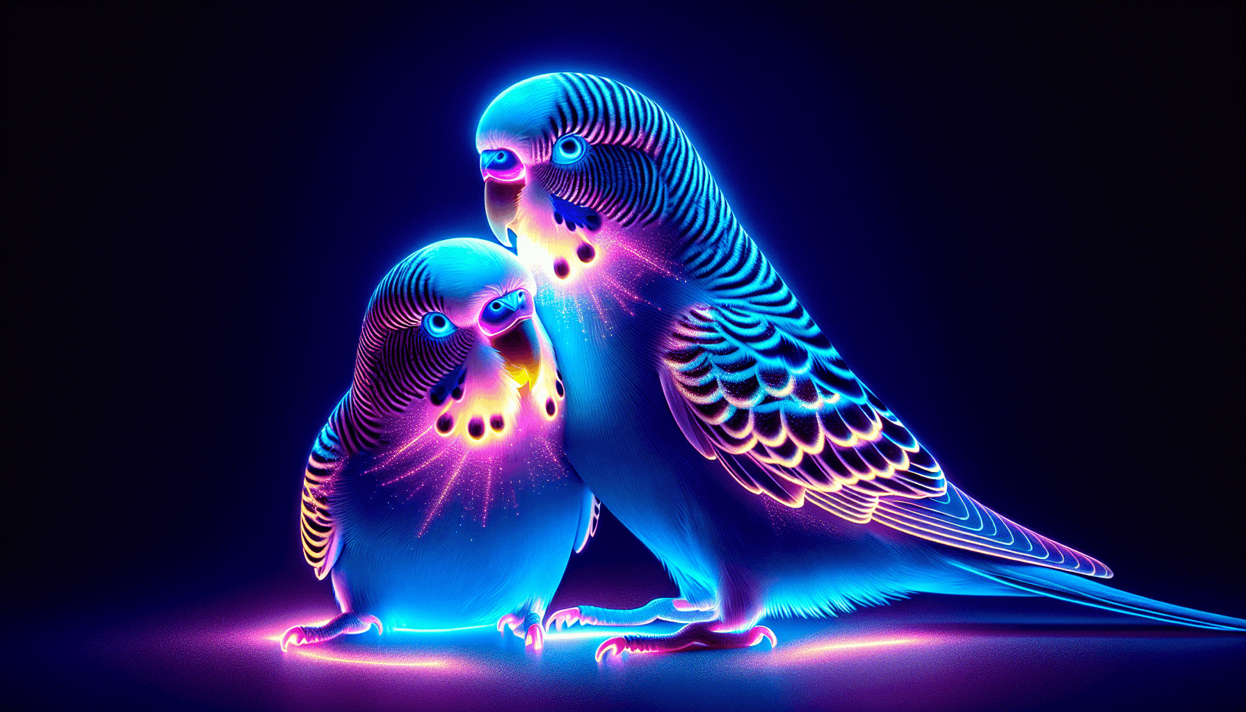 Why do pet budgies have fluorescent cheek feathers that glow under ultraviolet light to attract mates?