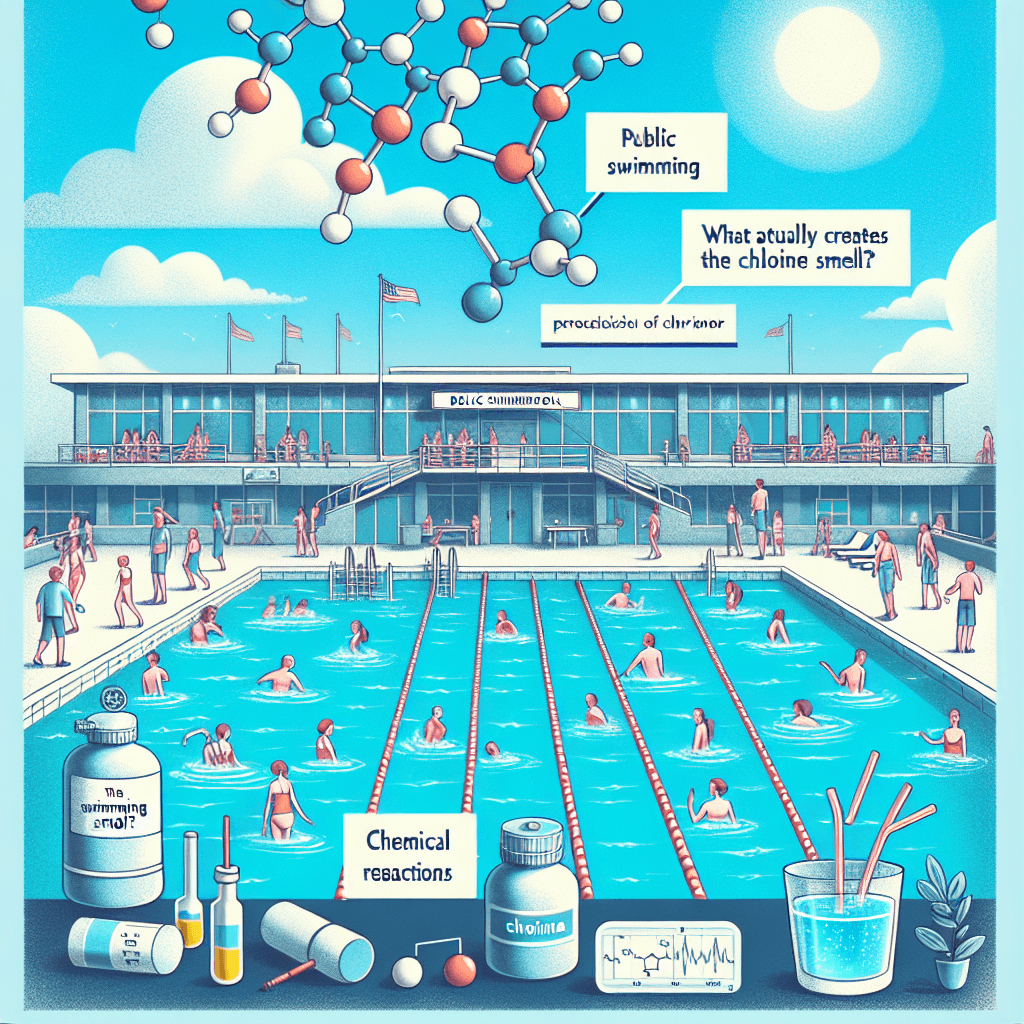 What actually creates the distinct chlorine smell at a public swimming pool?