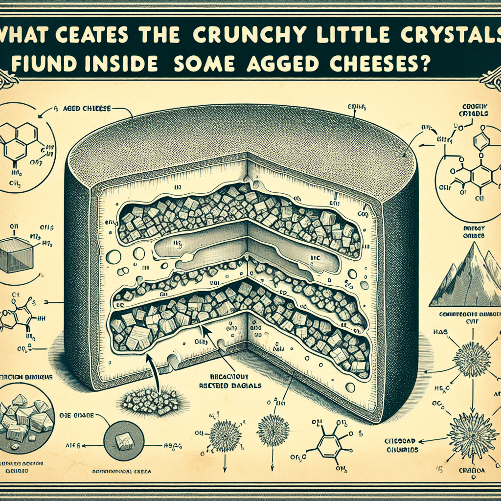 What creates the crunchy little crystals found inside some aged cheeses?