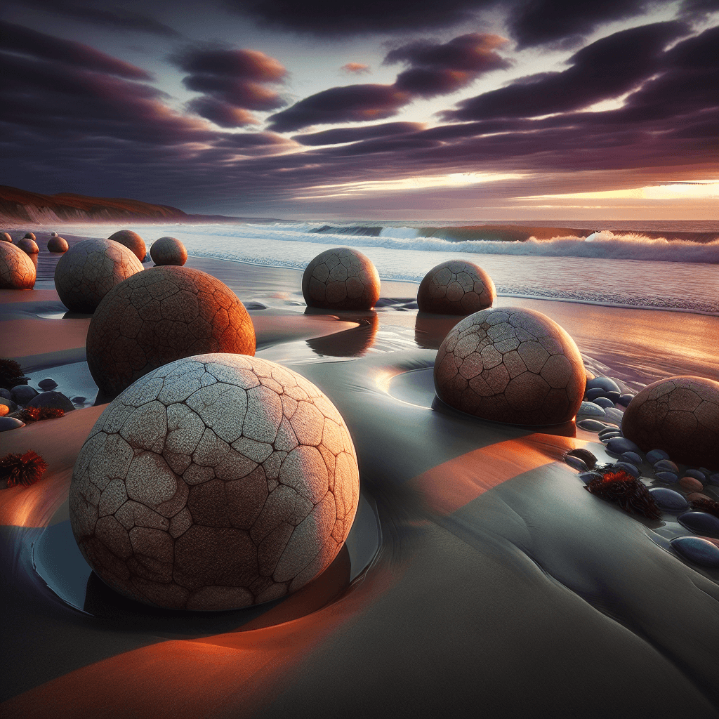 What creates the strange, perfectly spherical boulders found on some beaches?