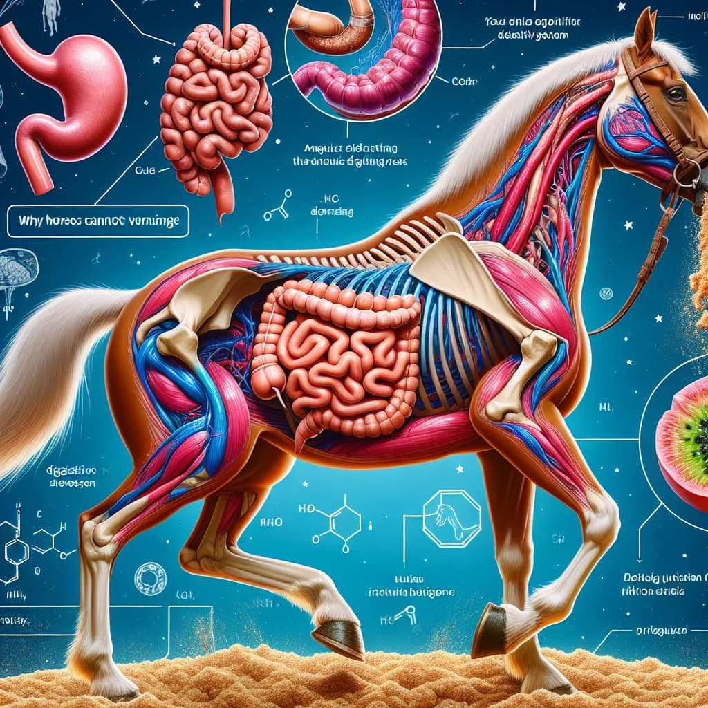 Why are horses anatomically unable to vomit even when they experience severe digestive distress?