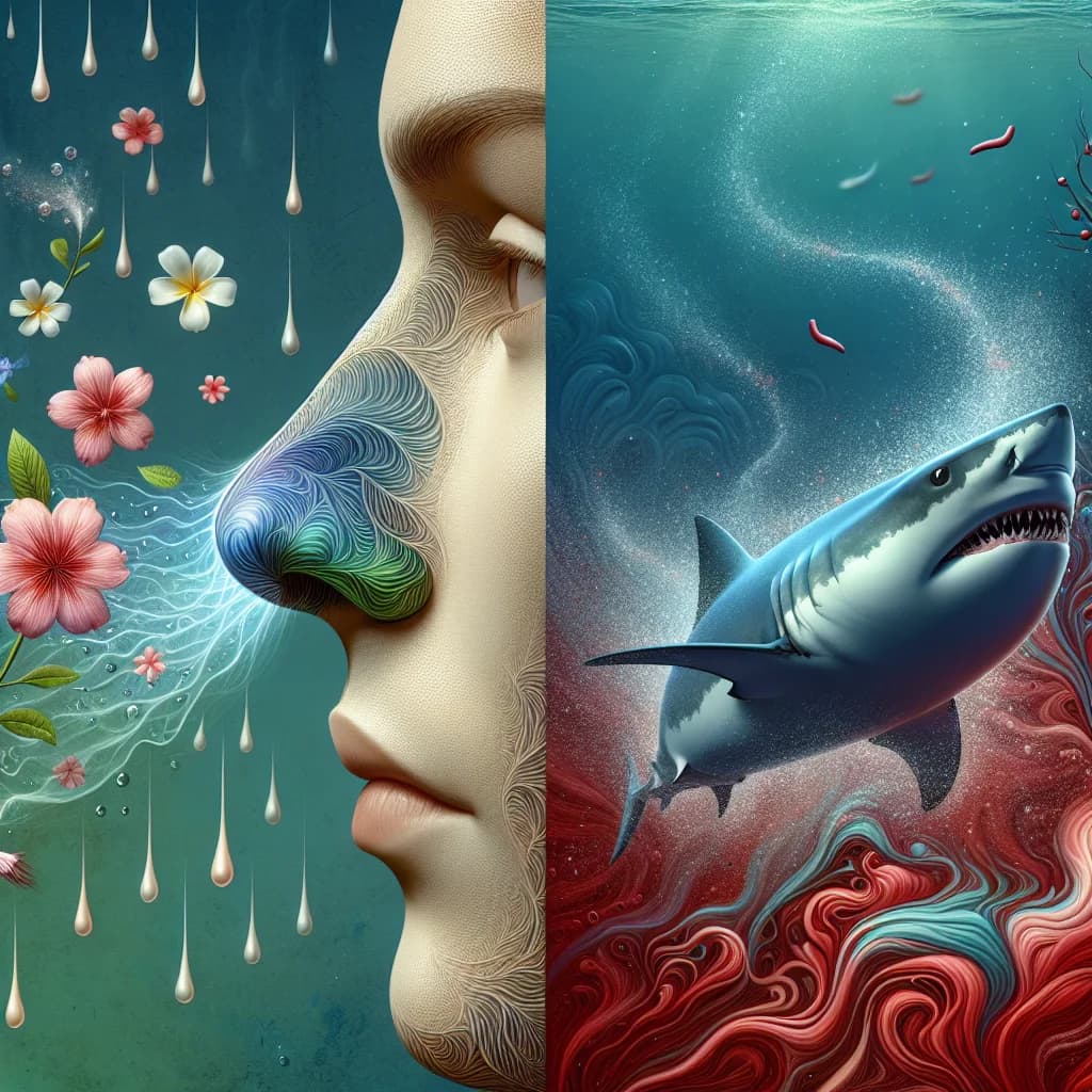 Why can the human nose detect the scent of petrichor more acutely than a shark detects blood in water?