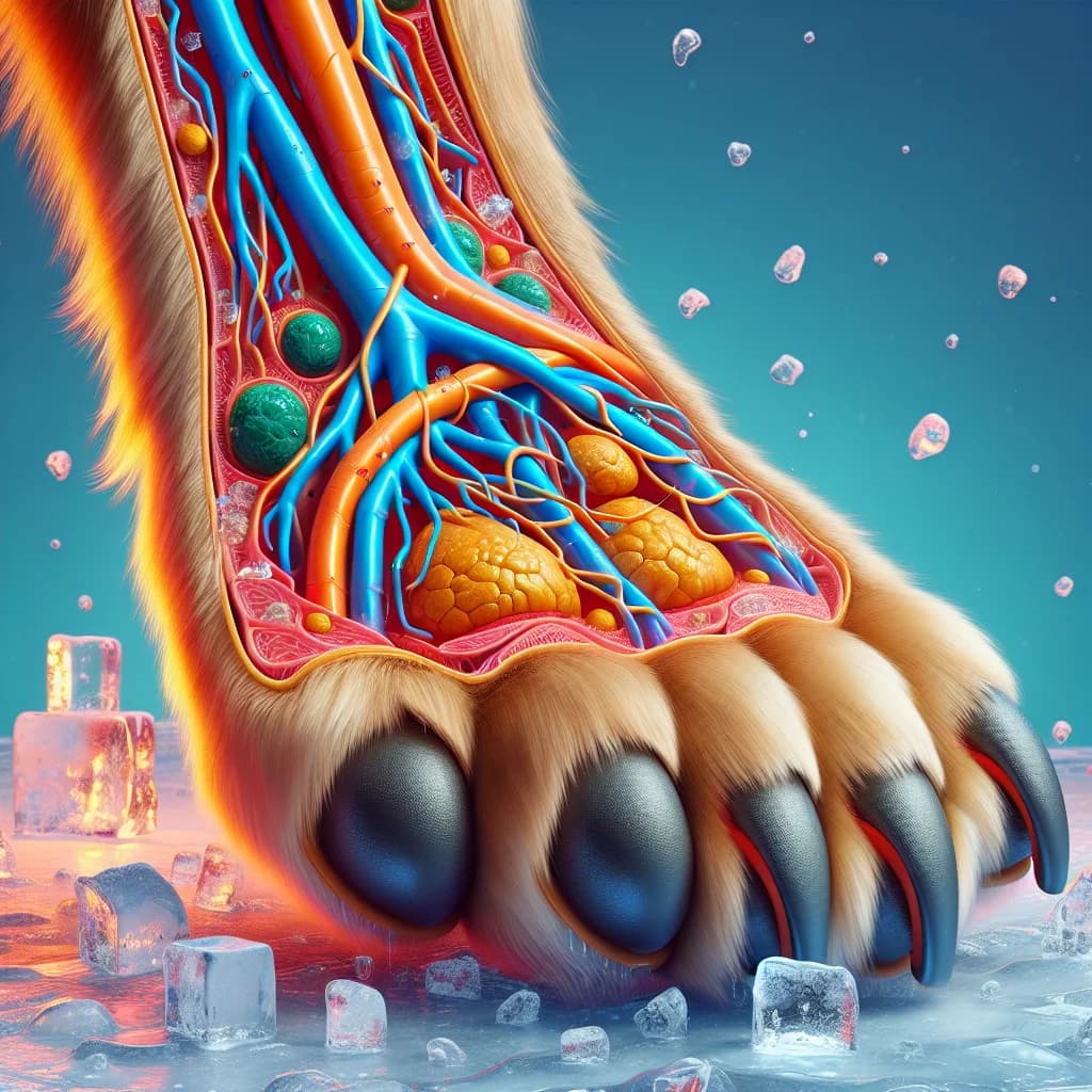 Why do dogs have a specialized vascular heat exchange system that prevents their paw pads from freezing on ice?