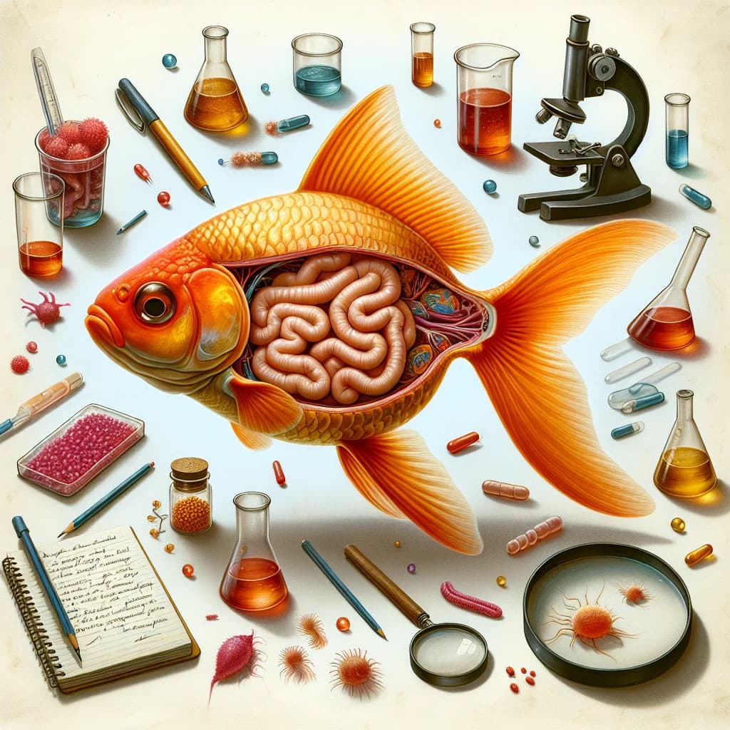 Why do domestic goldfish lack a biological stomach and instead process food through a long intestinal tract?