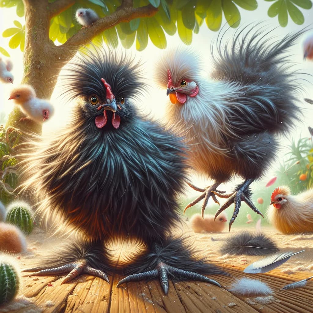 Why do domestic silkie chickens possess fluffy hair-like feathers, black skin, and five toes instead of four?