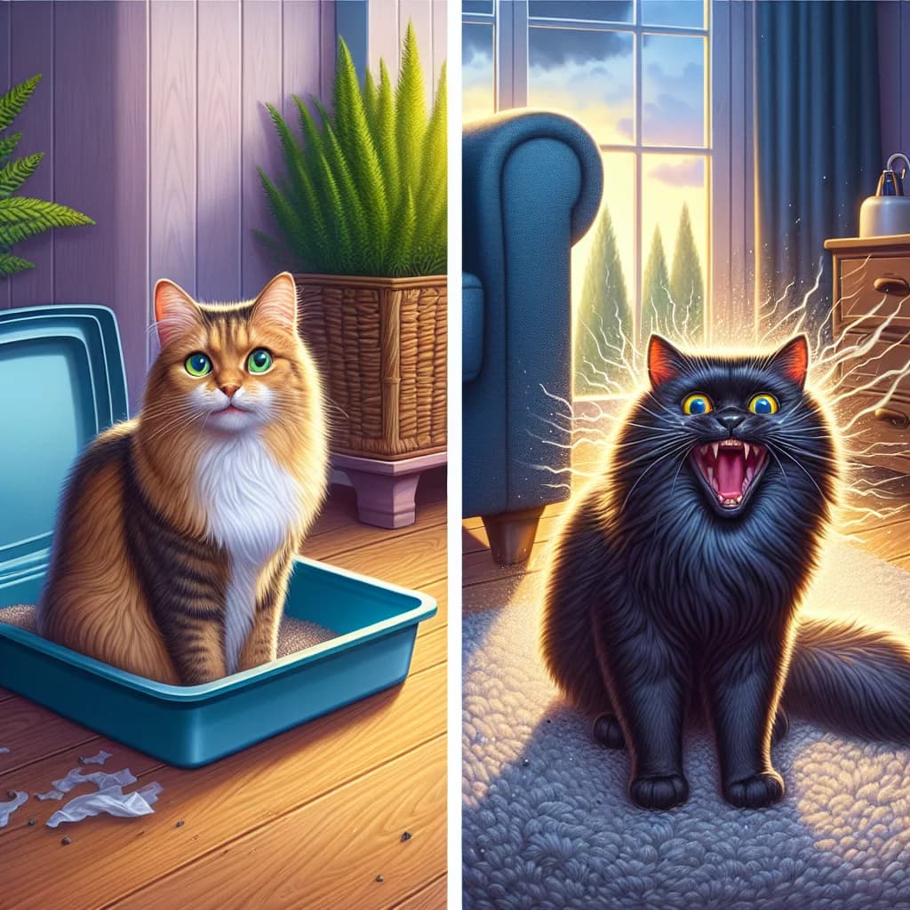 Why do many pet cats experience a frantic burst of energy called zoomies immediately after using the litter box?