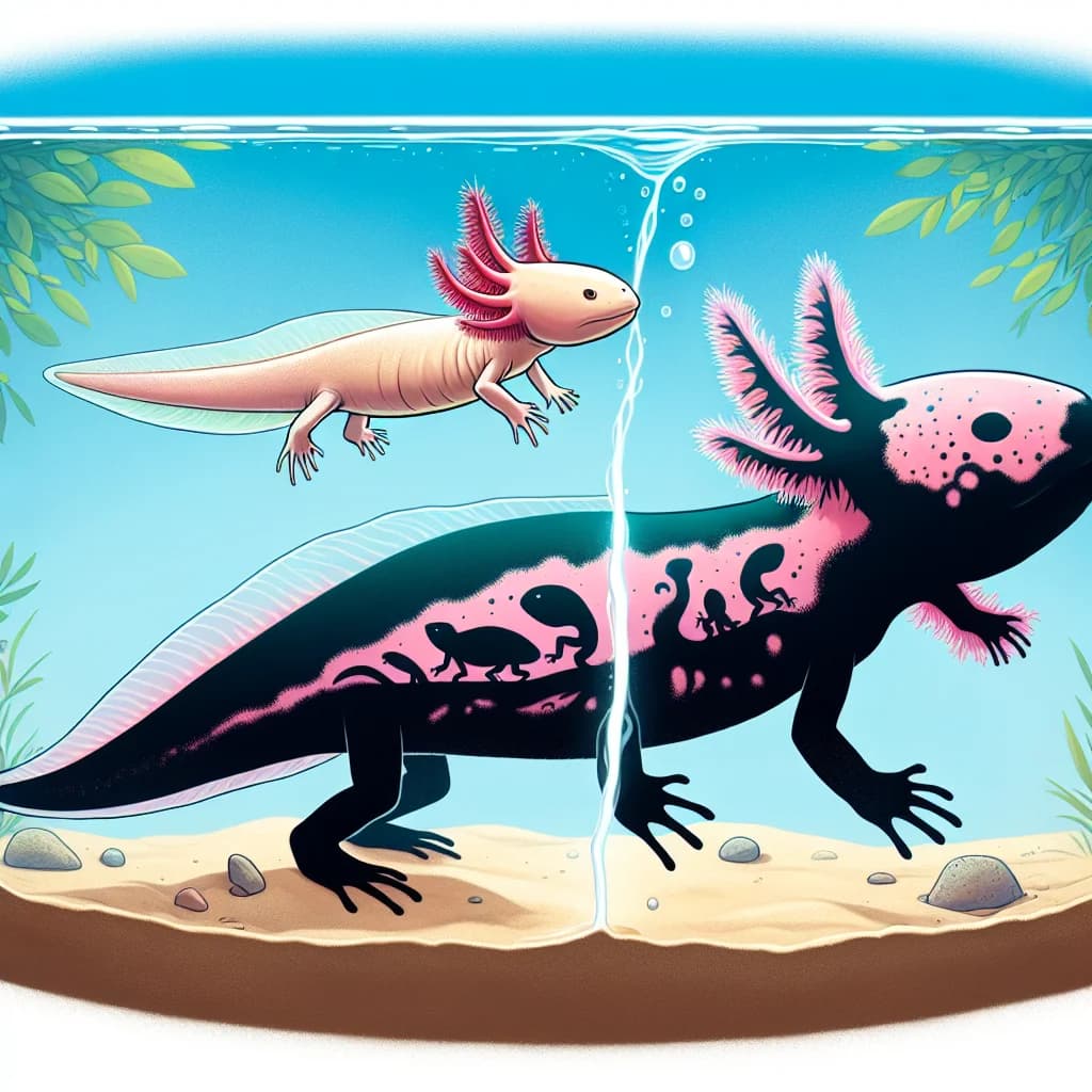 Why do pet axolotls remain in their aquatic larval stage their entire lives instead of transforming into land-dwelling salamanders?