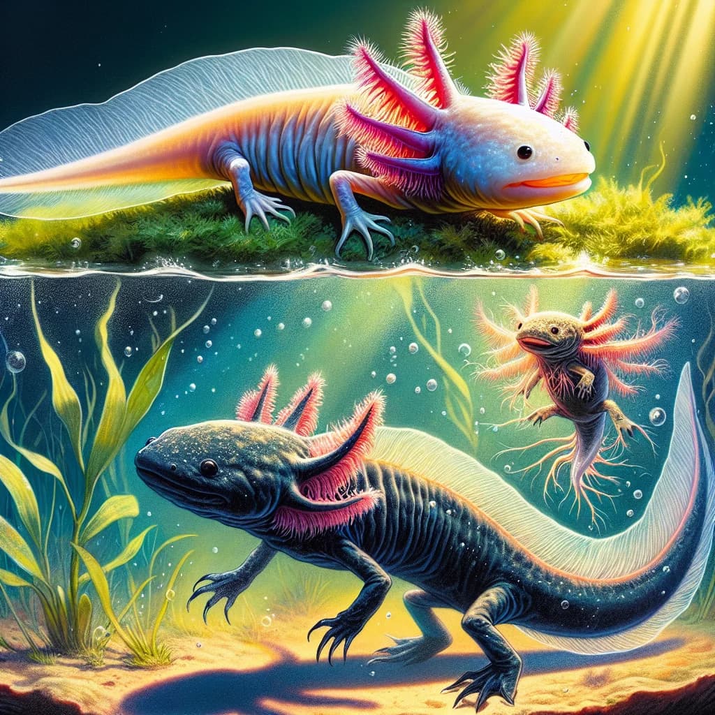 Why do pet axolotls remain in their larval form forever instead of turning into land-dwelling salamanders?