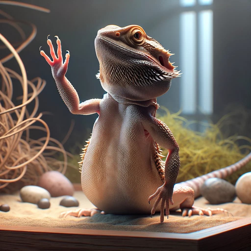 Why do pet bearded dragons perform a slow one-armed wave to acknowledge others and signal submission?