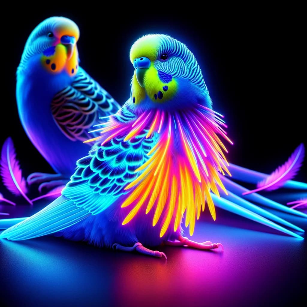Why do pet budgies have fluorescent feathers that glow under ultraviolet light to attract potential mates?