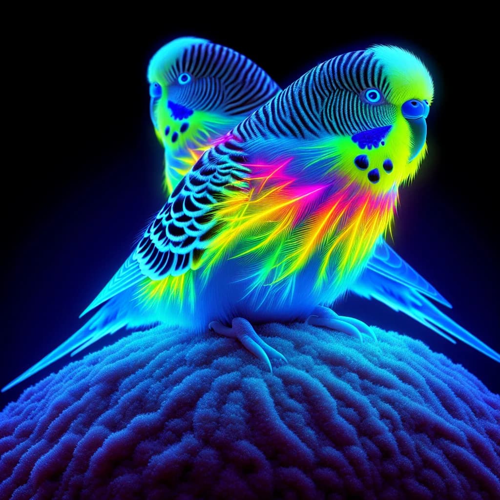 Why do pet budgies possess feathers that naturally fluoresce under ultraviolet light to signal health and attract mates?