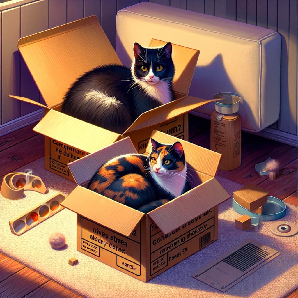 Why do pet cats instinctively seek out cardboard boxes to reduce their stress and conserve body heat?