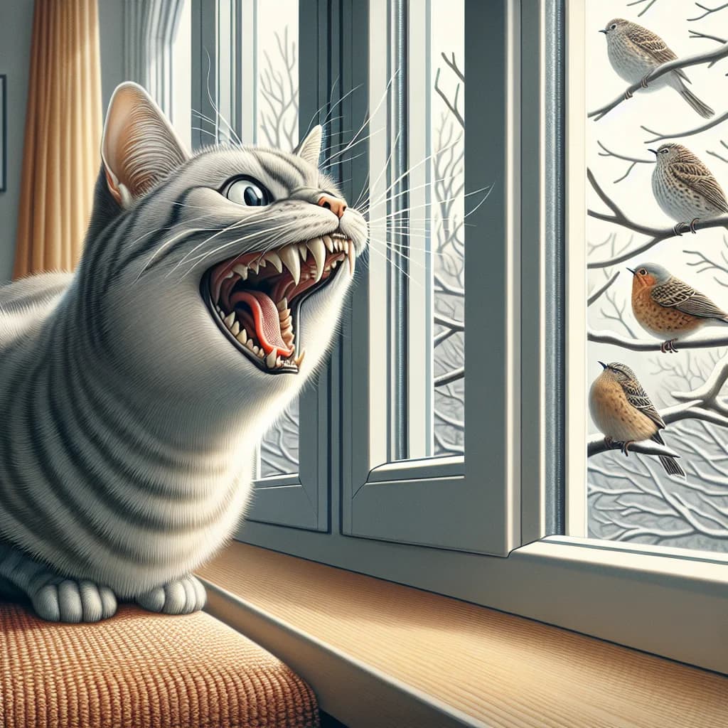 Why do pet cats make a rhythmic chattering sound with their teeth when they see birds through a window?