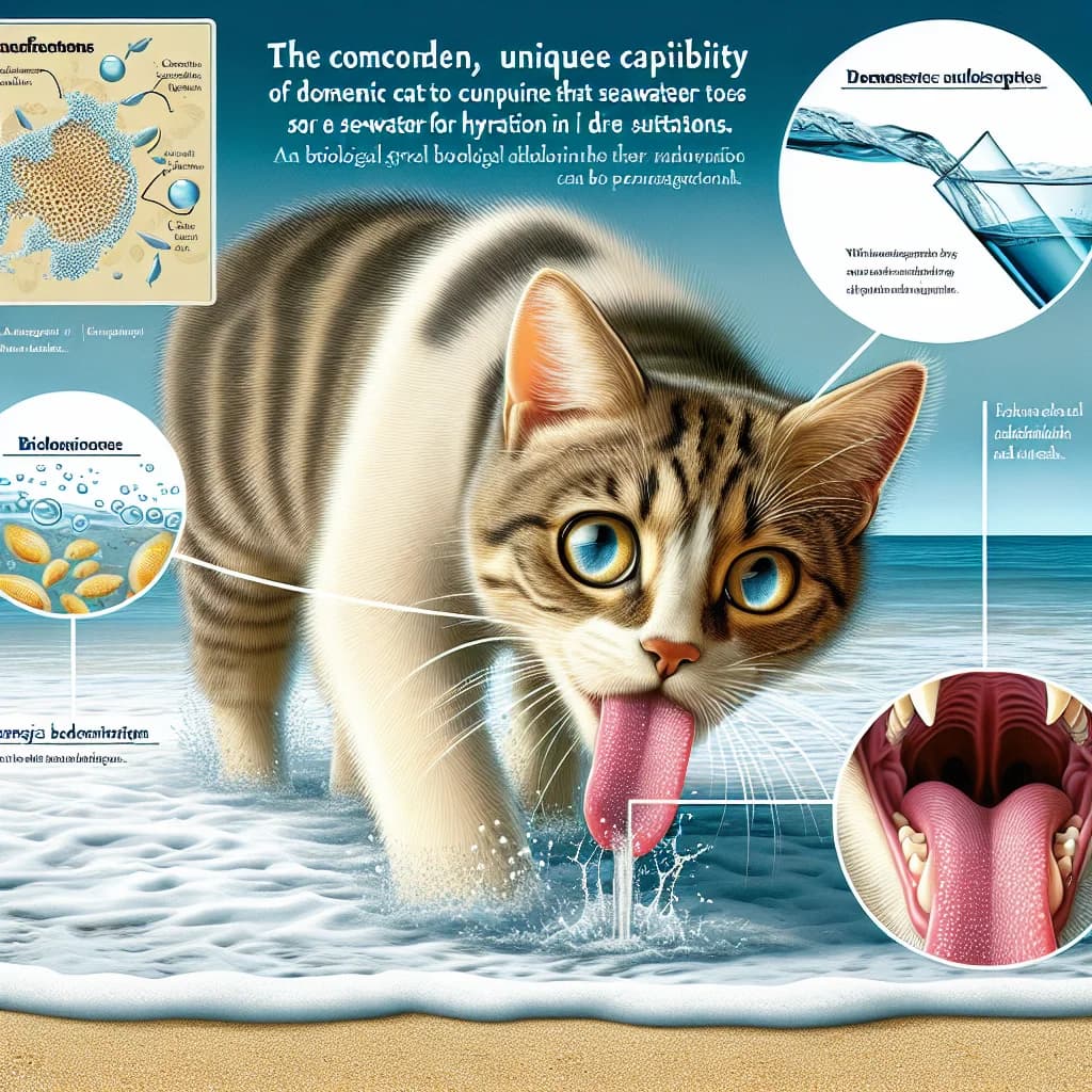 Why do pet cats possess the rare biological ability to stay hydrated by drinking seawater in emergencies?