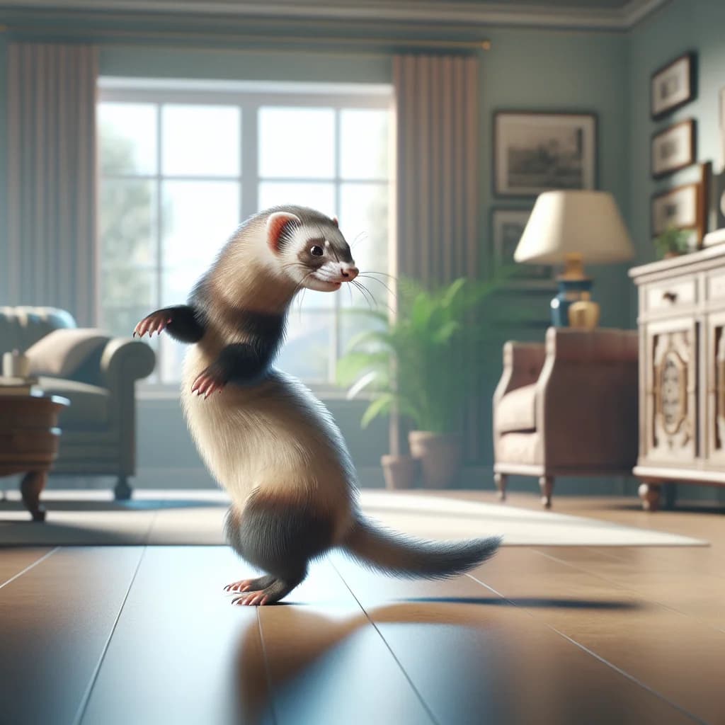 Why do pet ferrets perform a frantic arched-back hopping behavior known as the weasel war dance when excited?