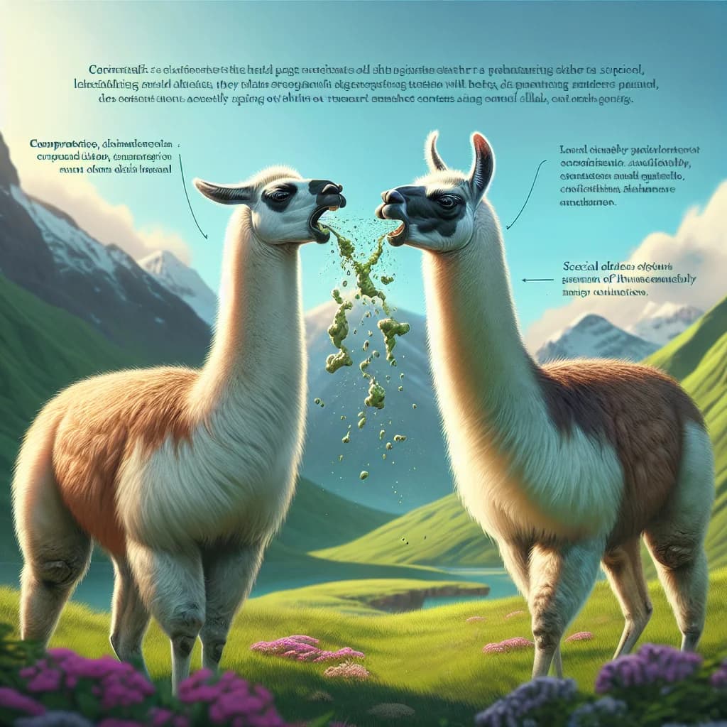 Why do pet llamas accurately spit foul-smelling stomach contents at each other to settle social disputes?