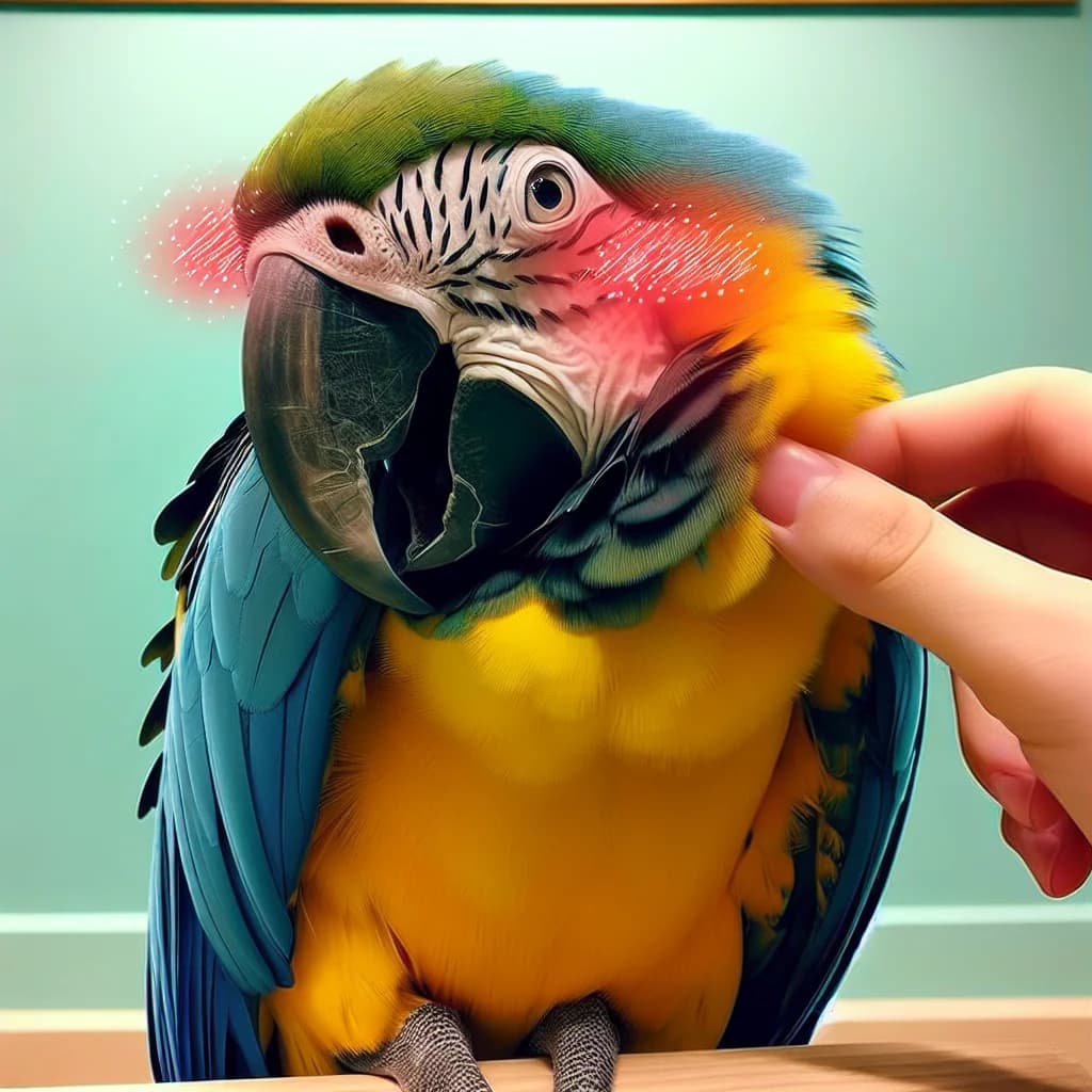 Why do pet macaws blush by rushing blood to their bare cheek patches when they are excited or happy?