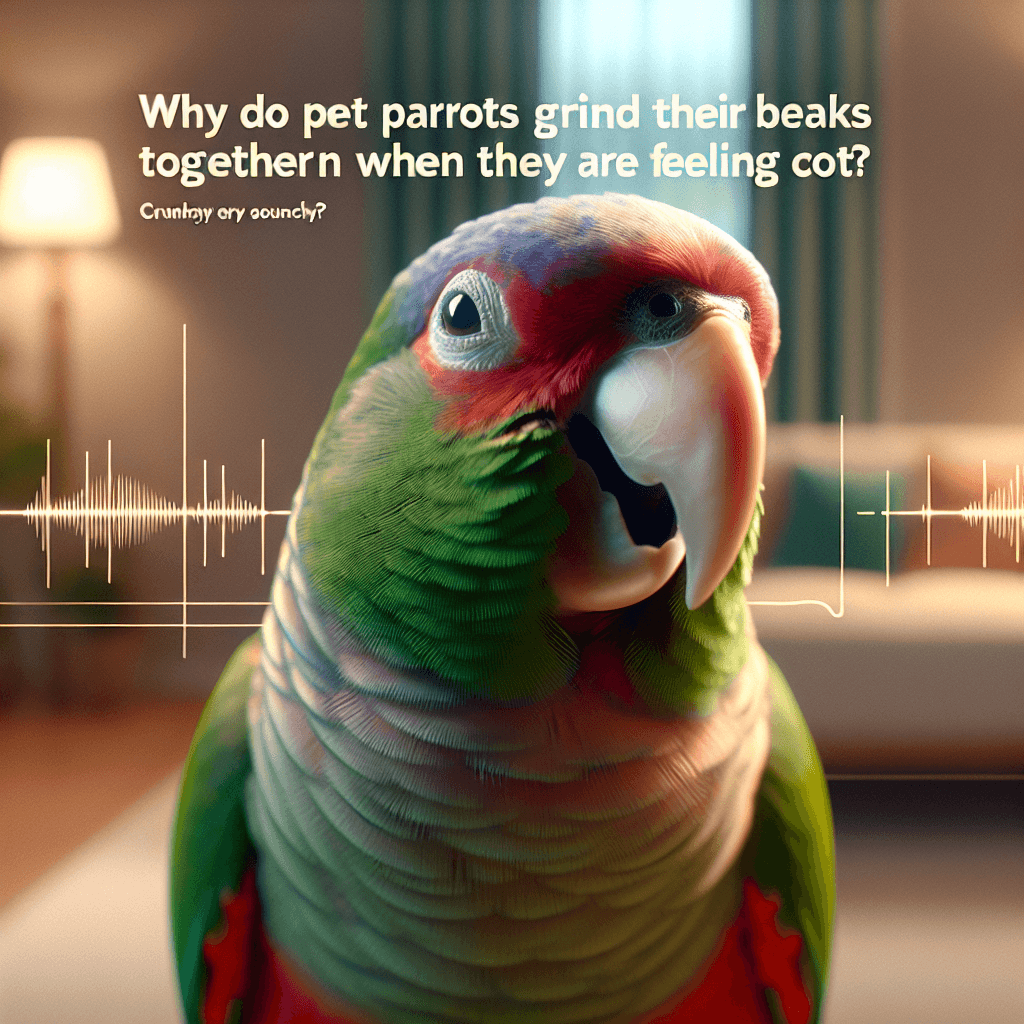 Why do pet parrots grind their beaks together to create a crunchy sound when they are feeling content?