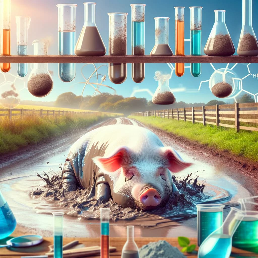 Why do pet pigs roll in mud to serve as a natural sunscreen and temperature regulator for their skin?