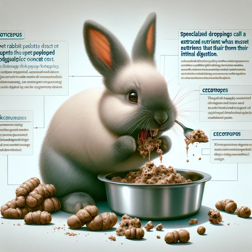 Why do pet rabbits eat specialized droppings called cecotropes to recover nutrients missed during their first digestion?