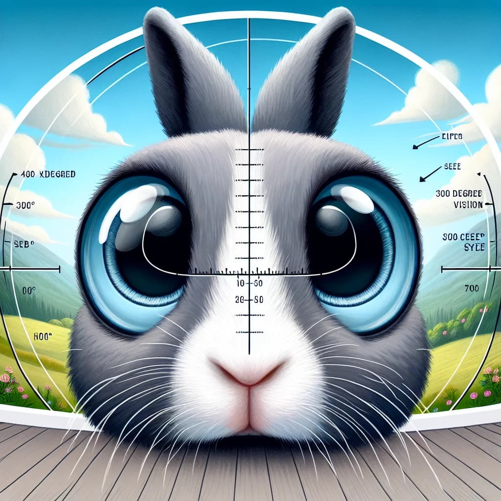 Why do pet rabbits have a blind spot directly in front of their nose despite their nearly panoramic vision?