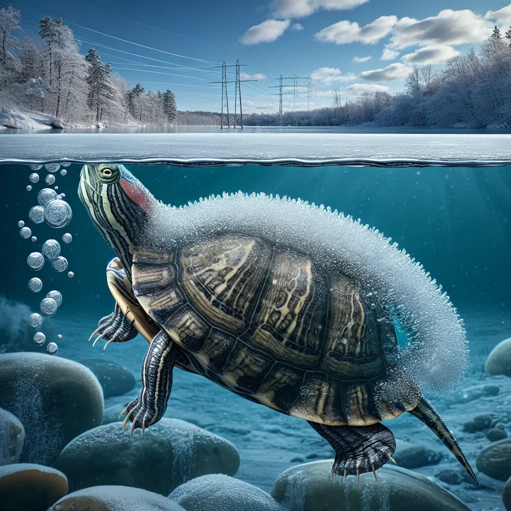 Why do pet turtles utilize their butts to breathe oxygen while hibernating at the bottom of frozen ponds?