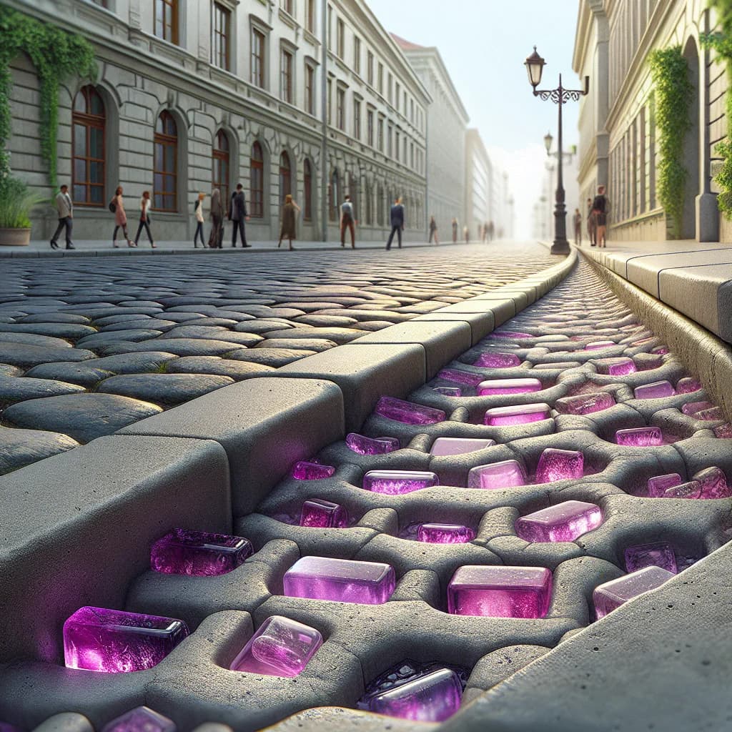 Why do some old city sidewalks feature small purple glass blocks embedded into the concrete?