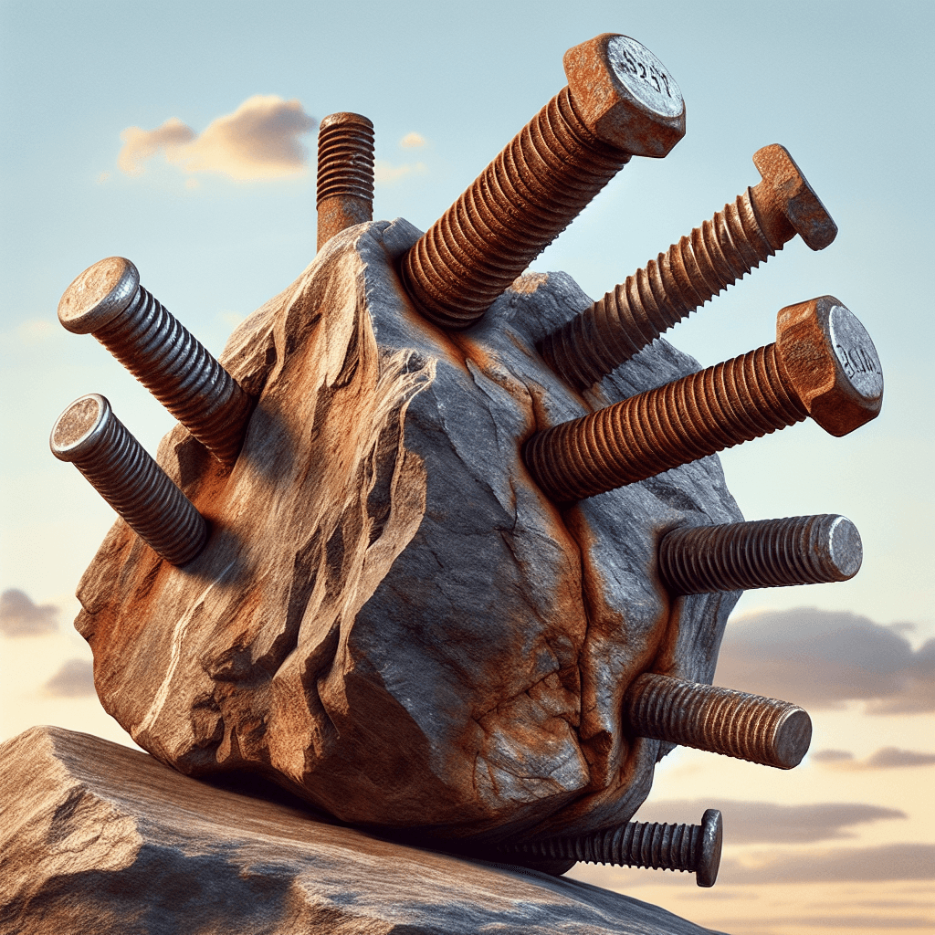 Why do some rocks have rusty metal bolts sticking out of them?