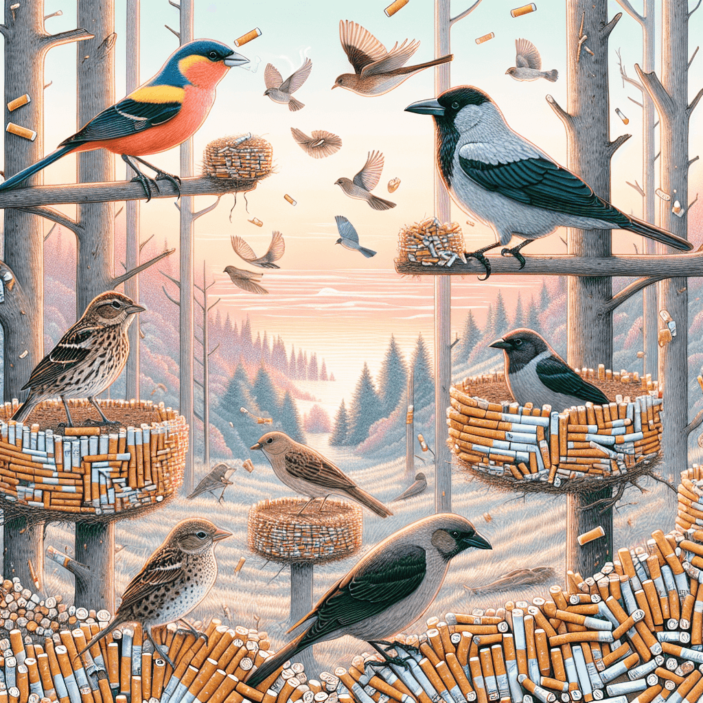 Why do some species of birds use cigarette butts as a tool to protect their nests?