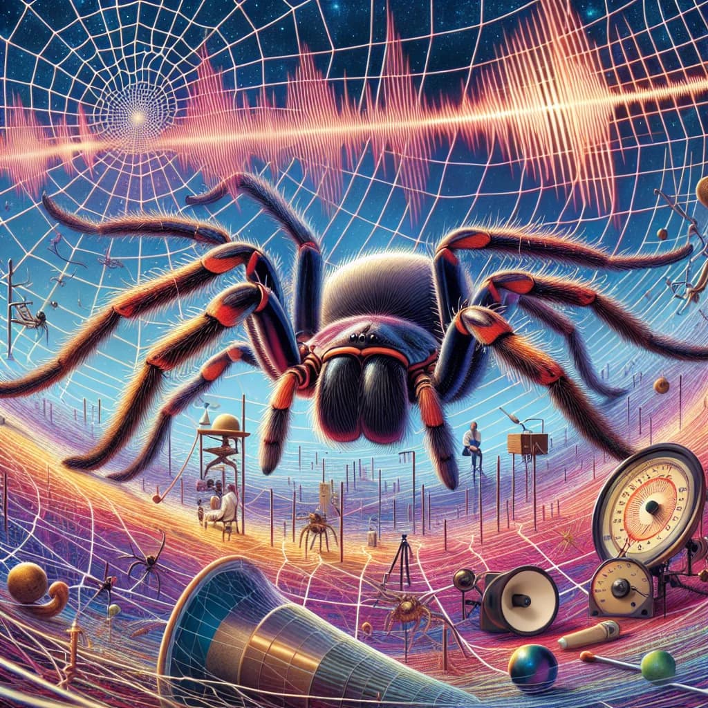 Why do some spiders use their webs like giant ears to hear distant sounds through acoustic vibrations?