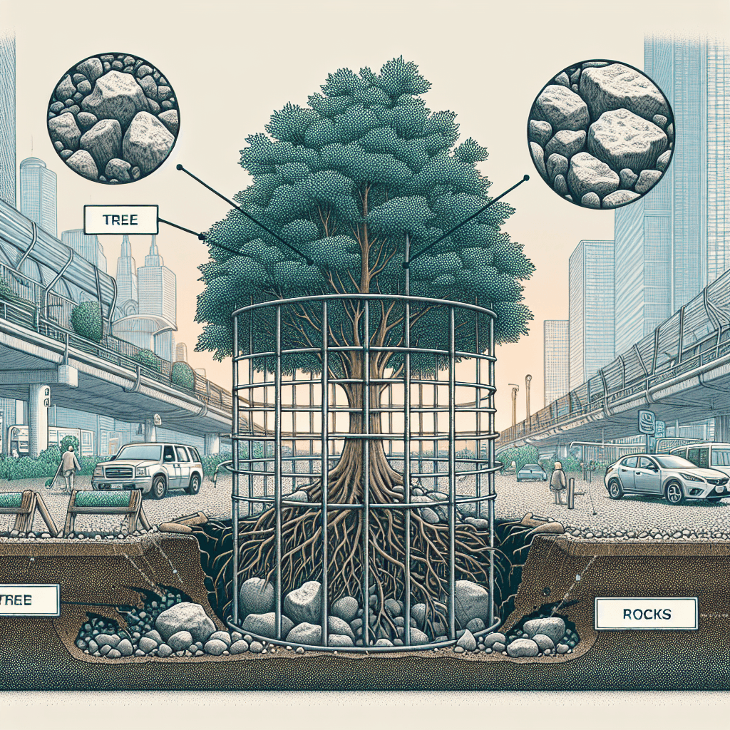 Why do some trees have a metal cage around them filled with rocks?