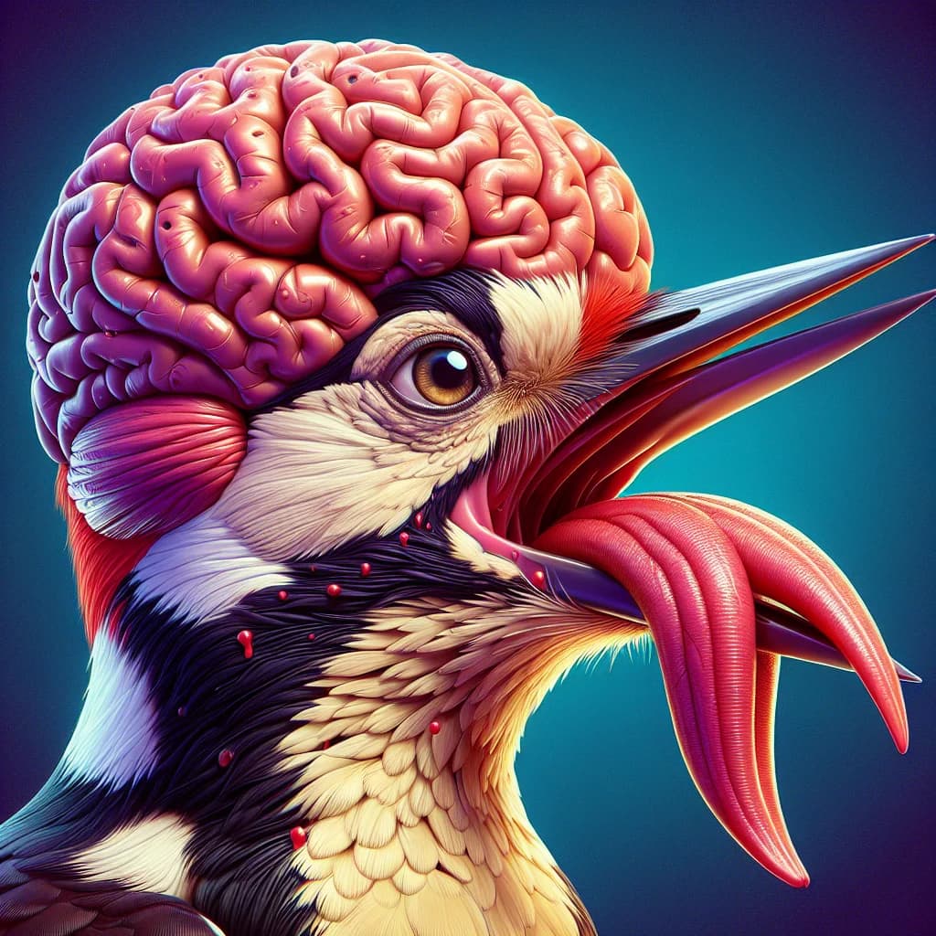 Why do woodpeckers wrap their long tongues around their brains to act as a biological shock absorber while drumming?