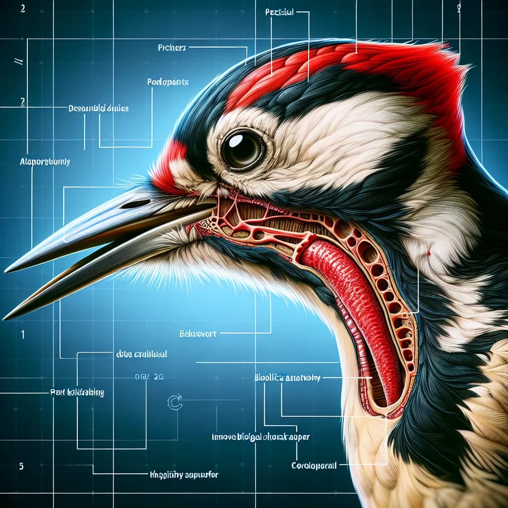 Why do woodpeckers wrap their long tongues entirely around their skulls to act as a biological shock absorber?
