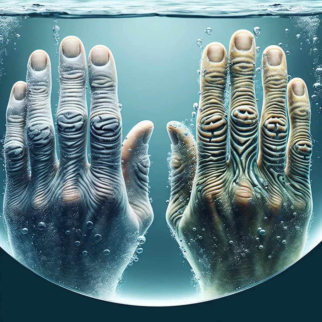 Why do your fingers wrinkle in water to create a biological tread for better grip on wet surfaces?