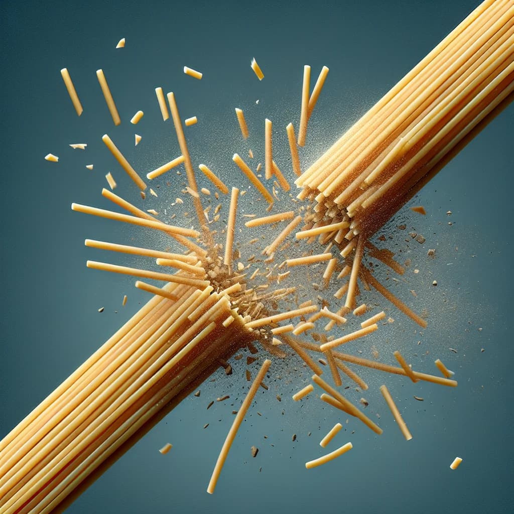 Why does a piece of dry spaghetti typically break into three or more pieces instead of just two?