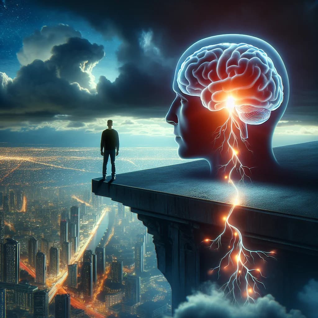 Why does the brain sometimes trigger a sudden intrusive urge to jump when standing near a high ledge?