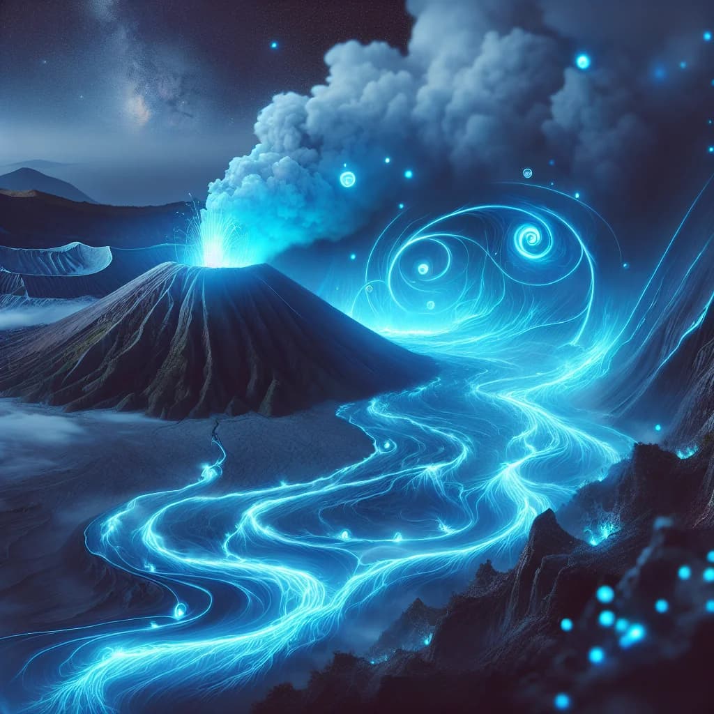 Why does the Kawah Ijen volcano in Indonesia appear to flow with bright blue lava at night?