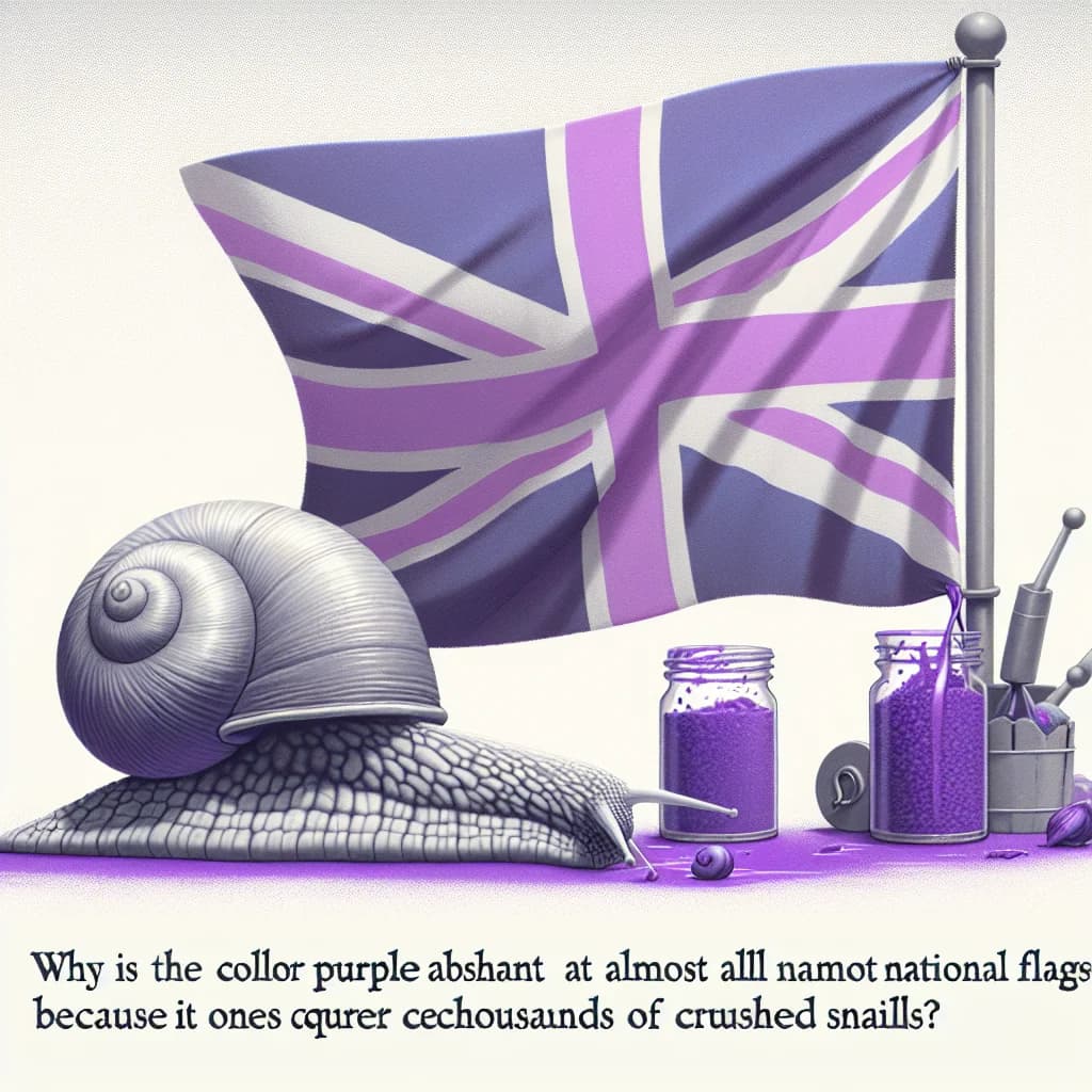 Why is the color purple absent from almost all national flags because it once required thousands of crushed snails?