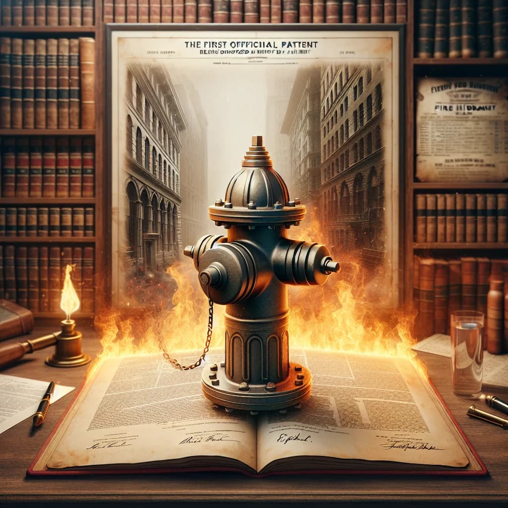 Why was the first official patent for the fire hydrant ironically destroyed by a fire in the patent office?