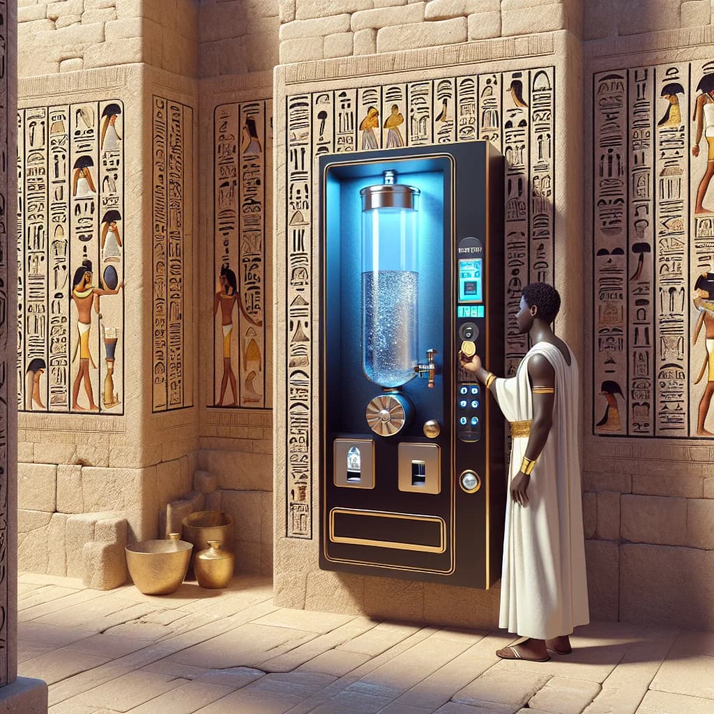 Why was the world's first vending machine designed to dispense holy water in ancient Egyptian temples?