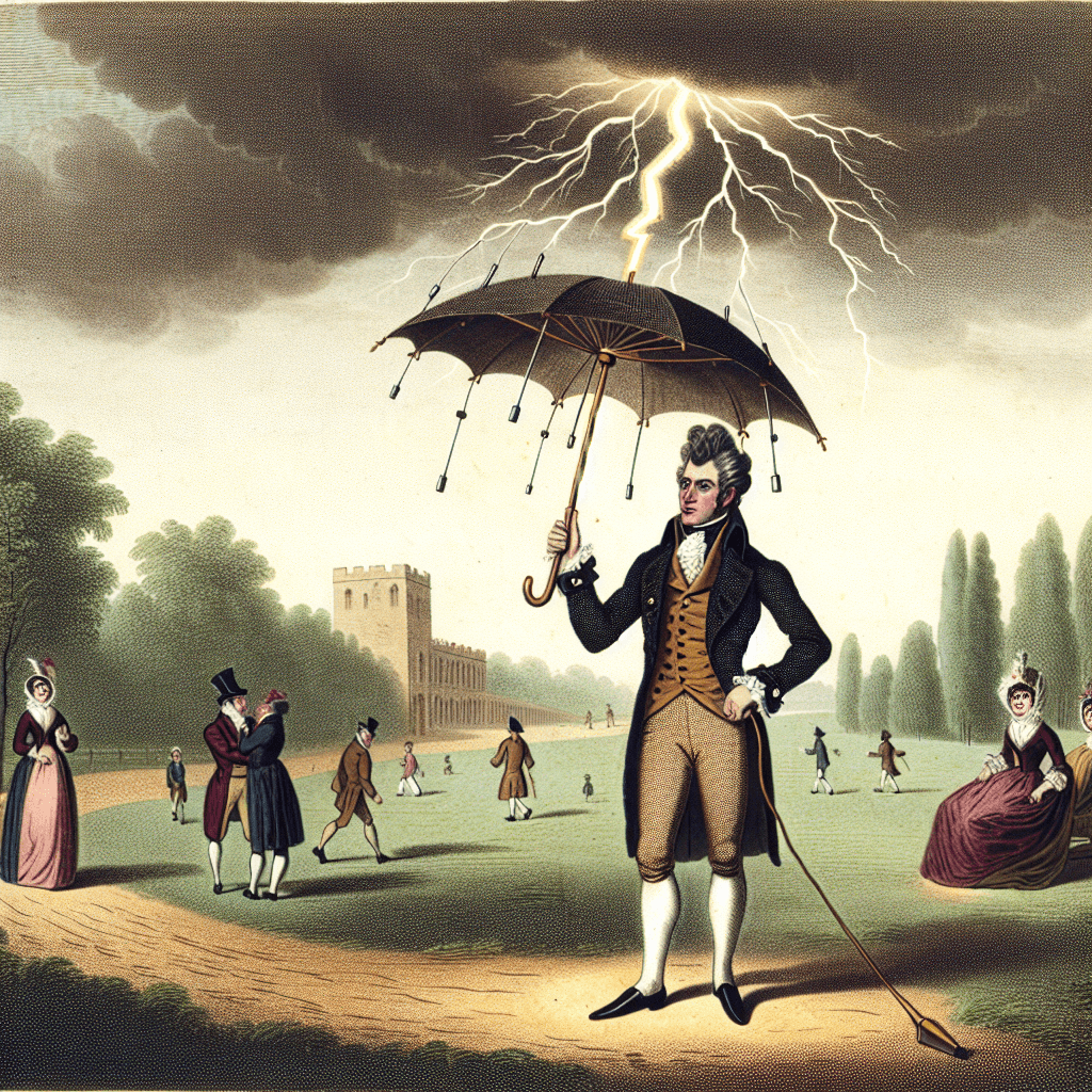 Why were 18th-century umbrellas once designed with a built-in lightning rod and a trailing metal ground wire?