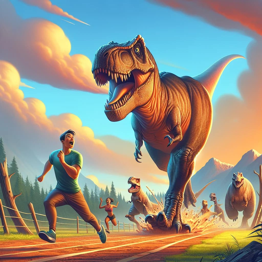 Why would a Tyrannosaurus rex be physically unable to outrun a human without its own leg bones shattering?