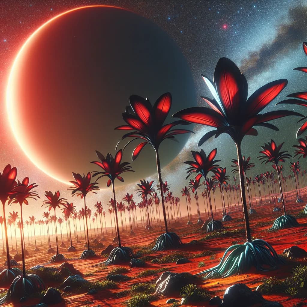 Why would plants on a planet orbiting a red dwarf star likely evolve to have jet black leaves?