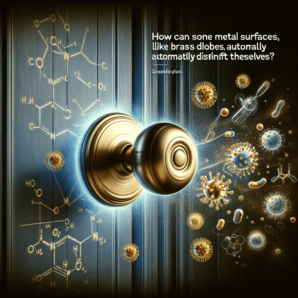 How can some metal surfaces, like brass doorknobs, automatically disinfect themselves?