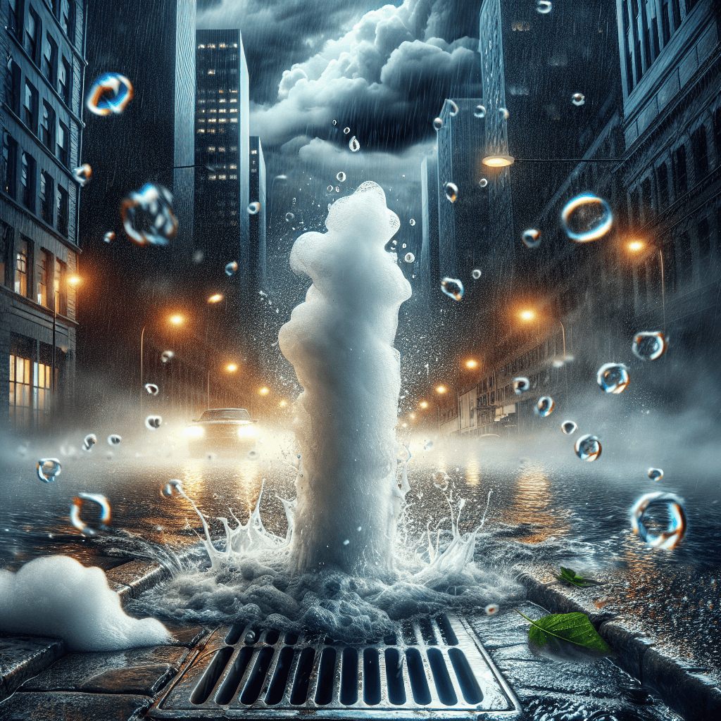 Why does a storm drain sometimes erupt with a huge pillar of white foam?