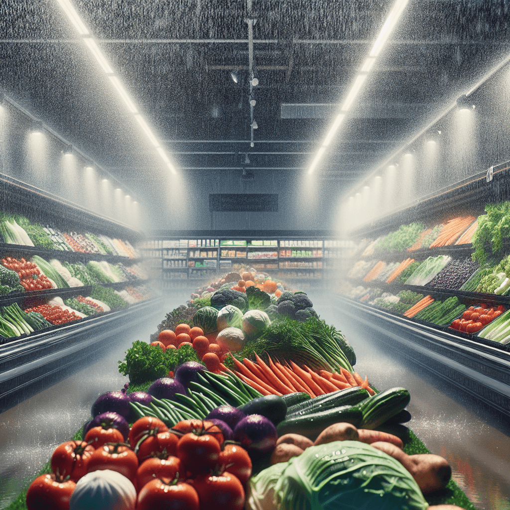 Why do many grocery stores play a sound effect of thunder before misting their fresh produce?