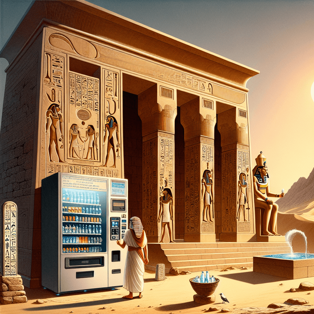 Why was the world’s first vending machine designed to dispense holy water in an ancient Egyptian temple?