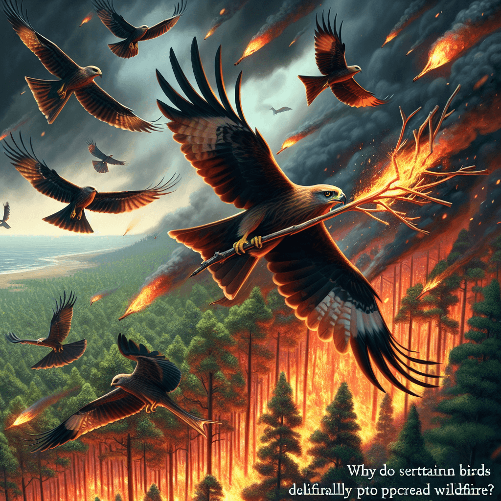 Why do certain birds deliberately pick up burning sticks to spread wildfires?