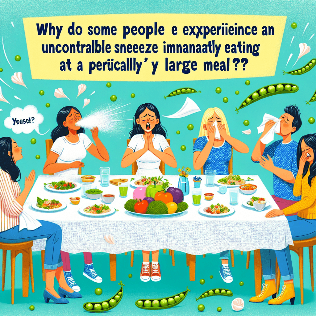 Why do some people experience an uncontrollable sneeze immediately after eating a particularly large meal?